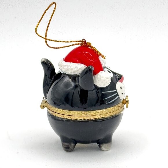 Fat Black Cat Porcelain Hinged Surprise Gift Trinket Box Christmas Ornament - Picture 6 of 6